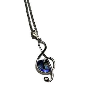 Silver Tone Musical Treble Clef 18" Necklace‎ Blue Gemstone Music Lover Gift